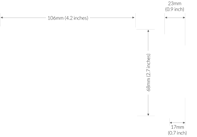 106mm (4.2 inches) 68mm (2.7 inches) 17mm (0.7 inch) 23mm (0.9 inch)