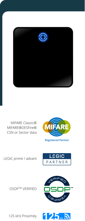 MIFARE Classic® MIFARE®DESFire® CSN or Sector data LEGIC prime / advant P A R T N E R Registered Partner OSDPTM VERIFIED 125 kHz Proximity